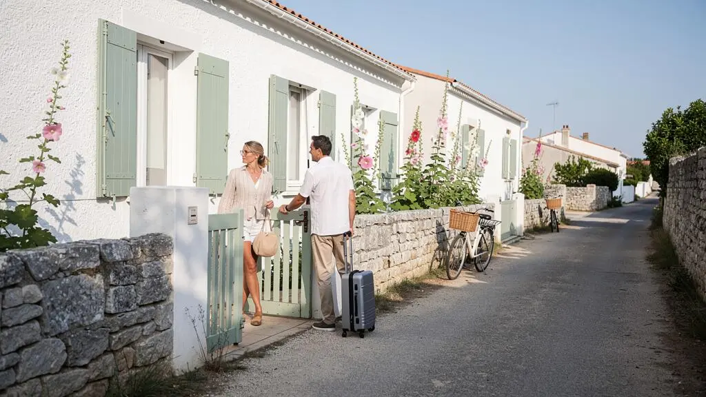 Un couple entre avec ses bagages dans une maison blanche à volets verts d'un village de l'Île de Ré.