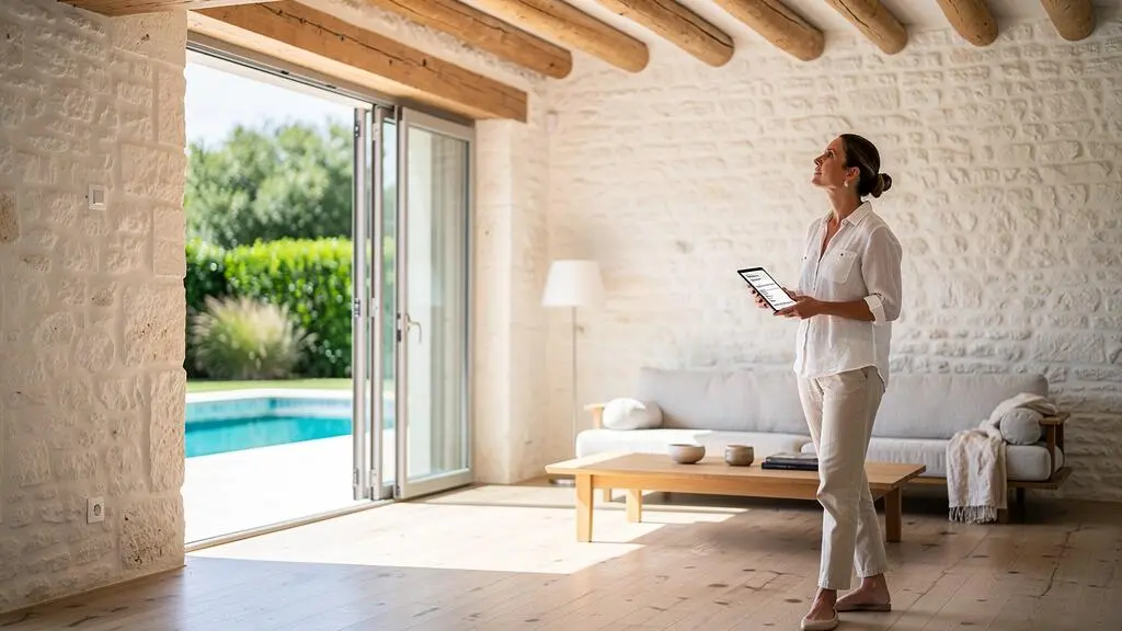 Une gestionnaire de propriété inspecte le salon d'une villa avec sa tablette avant l'arrivée des vacanciers.