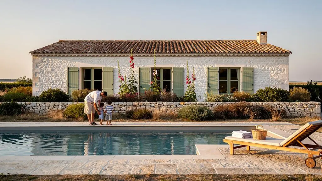 Une villa en pierre blanche avec volets verts et piscine privée sur l'Île de Ré, une famille au bord de l'eau.