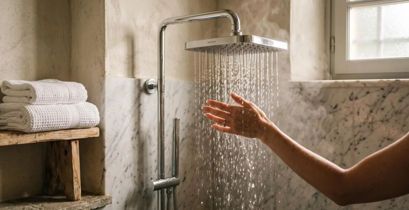 Guest testing a rainfall shower in a marble bathroom of a luxury villa.