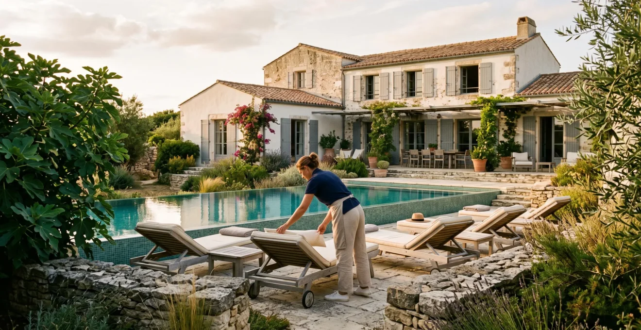 Housekeeper arranging cushions by the pool of a luxury stone villa on Île de Ré.