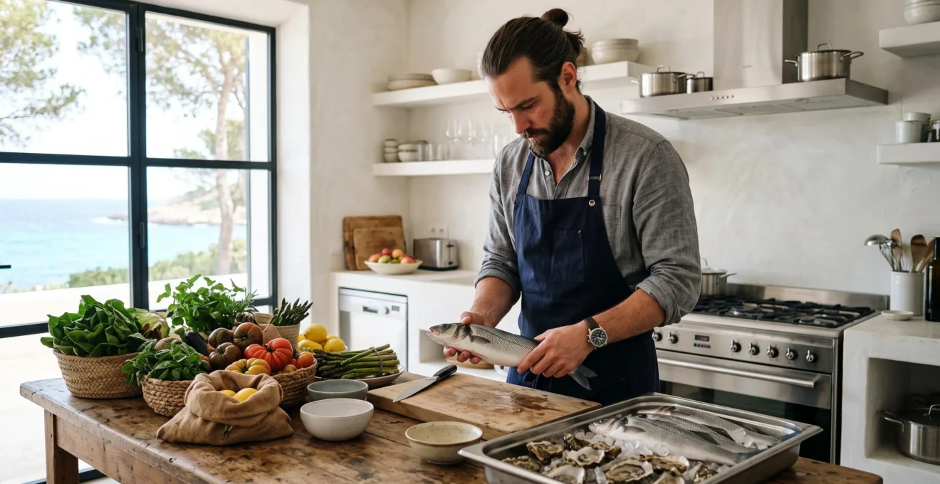 Private chef inspecting fresh sea bass in a bright luxury villa kitchen.
