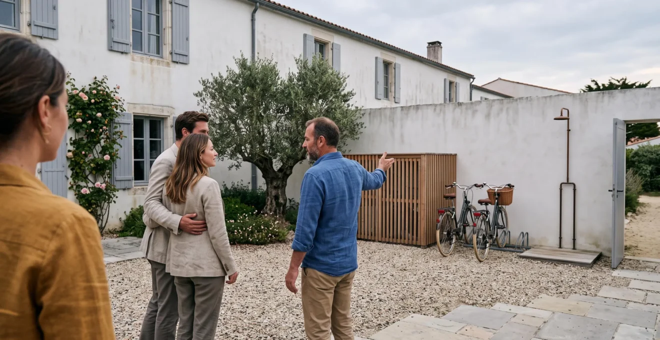 Villa manager presenting a walled garden property to a visiting couple.